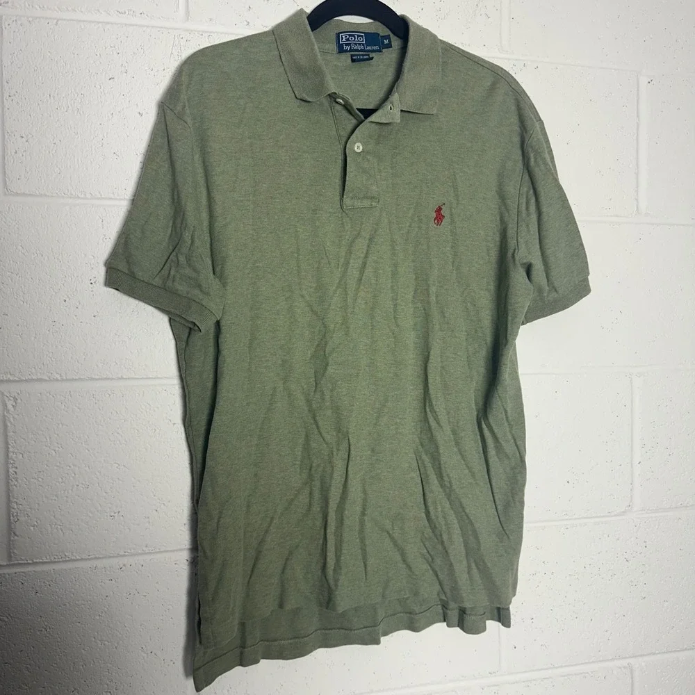 Polo Ralph Lauren Mens Short Sleeve Polo Shirt Sage Green Heather Red Pony M